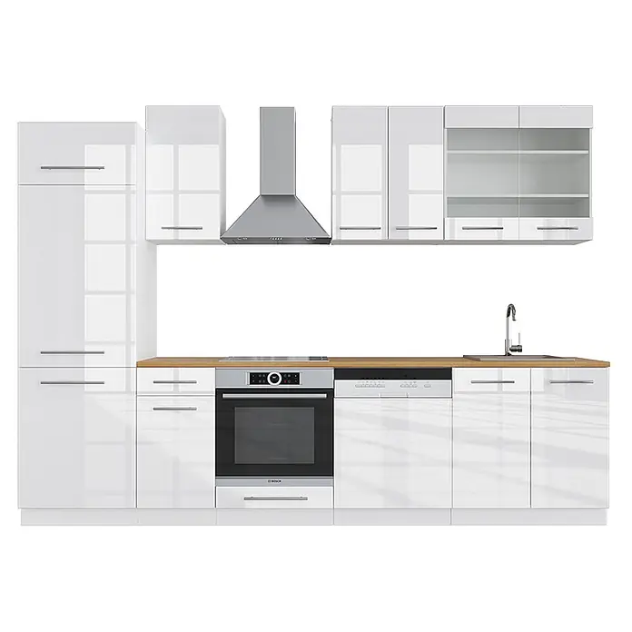 Vicco Küchenzeile Fame-Line Weiß Hochglanz/Weiß, AP Eiche - Breite: 300 cm, Weiß Hochglanz, Ohne Elektrogeräte - Hochglanz-weiße Küchenzeile mit Holzplatte, integriertem Bosch-Backofen, Kochfeld, Dunstabzugshaube, Geschirrspüler und Spüle.