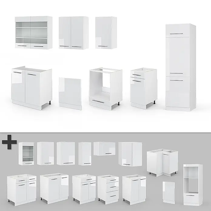 Vicco Küchenzeile Fame-Line Weiß Hochglanz/Weiß, AP Eiche - Breite: 300 cm, Weiß Hochglanz, Ohne Elektrogeräte - Sammlung modularer weißer Hochglanz-Küchenschränke, inklusive Wand-, Unter- und Hochschränken.