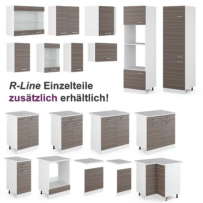 Vicco Küchenzeile Raul Edelgrau/Weiß, AP Marmor - Edelgrau, Ohne Elektrogeräte - Modulare Küchenschränke in Weiß und dunkler Holzoptik, einige mit Glastüren oder grauen Arbeitsplatten.