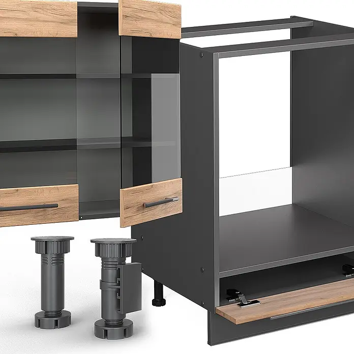 Vicco Küchenzeile Fame-Line Goldkraft Eiche/Anthrazit, AP Anthrazit - Breite: 355 cm, Goldkraft Eiche, Ohne Elektrogeräte - Modulare Küchenschrankkomponenten: dunkelgrauer Korpus, helle Holztüren mit Glas und verstellbare Beine, zur Montage gezeigt.