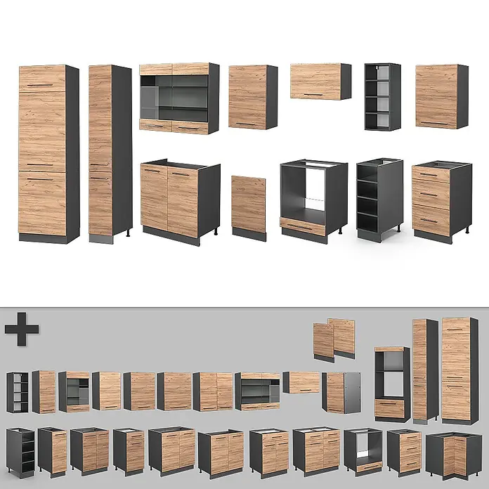 Vicco Küchenzeile Fame-Line Goldkraft Eiche/Anthrazit ohne Arbeitsplatte - Breite: 355 cm, Goldkraft Eiche, Ohne Elektrogeräte - Set modularer Küchenschränke: helle Holzfronten mit dunkelgrauen Rahmen, inkl. Hoch-, Unter- und Oberschränke.