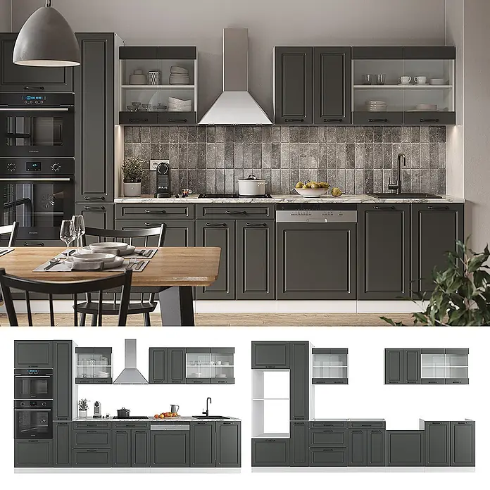 Vicco Küchenzeile R-Line Anthrazit Landhaus/Weiß mit Hochschrank, AP Anthrazit - Anthrazit Landhaus, Ohne Elektrogeräte - Dunkelgraue modulare Küche mit Unter- und Oberschränken, integrierten Öfen und Geschirrspüler, Marmoroptik-Arbeitsplatte.