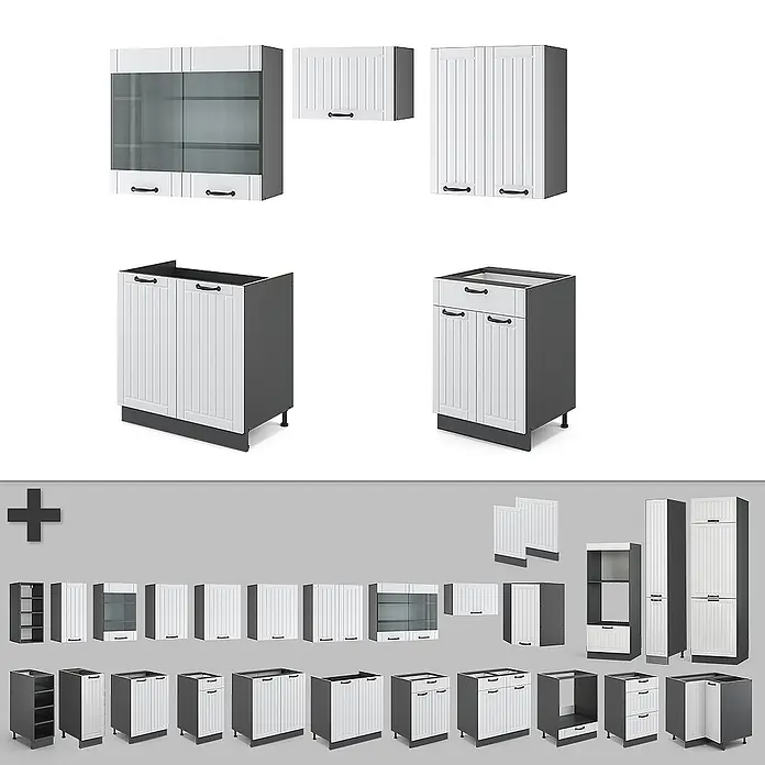 Vicco Küchenzeile Fame-Line Weiß Landhaus/Anthrazit, AP Anthrazit - Breite: 200 cm, Weiß Landhaus, Ohne Elektrogeräte - Modulare Küchenschränke: weiße gerippte Türen, dunkelgraue Rahmen, schwarze Griffe. Oberschränke, Unterschränke und Vorratsschränke, teils mit Glas.