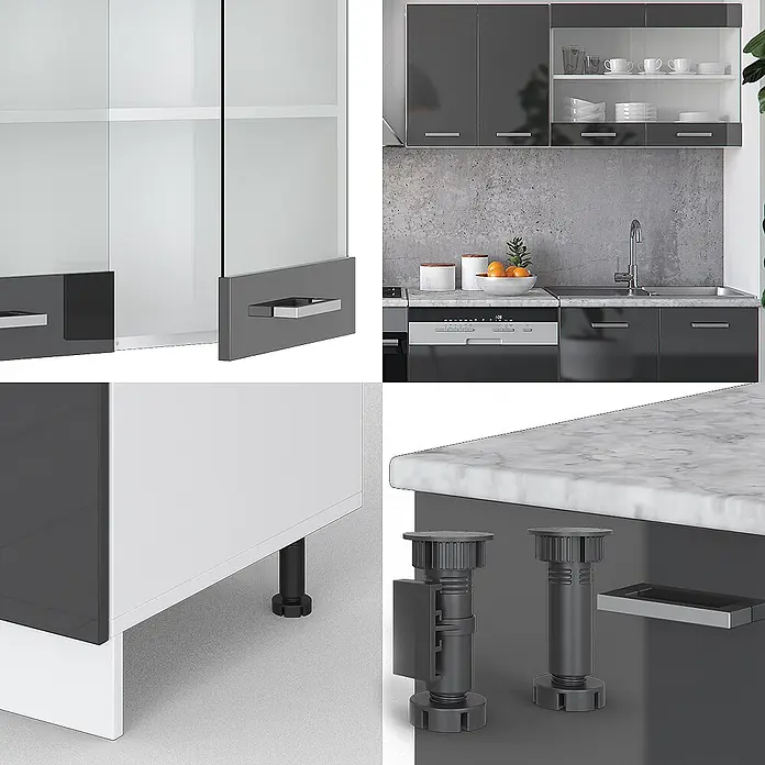 Vicco Küchenzeile R-Line, Anthrazit Hochglanz/Weiß, 300 cm -  - Moderne modulare Küche in Grau und Weiß mit Glastüren, Marmor-Arbeitsplatte und verstellbaren Füßen.