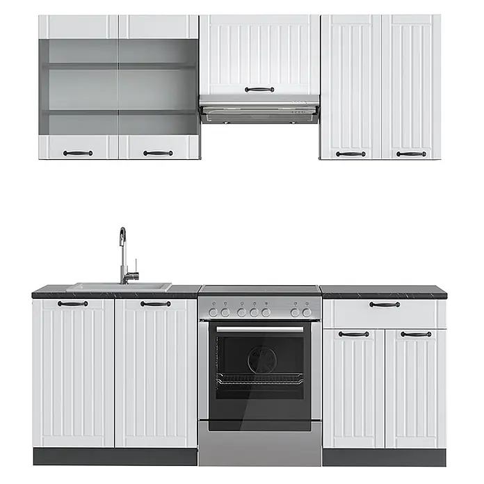 Vicco Küchenzeile Fame-Line Weiß Landhaus/Anthrazit, AP Anthrazit - Weiß Landhaus, Ohne Elektrogeräte - Weiße Modulküche mit gerippten Schranktüren, schwarzen Griffen, schwarzer Arbeitsplatte, Spüle, Herd und Dunstabzugshaube.