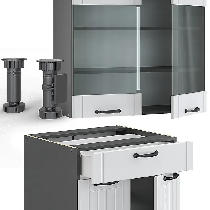 Vicco Küchenzeile Fame-Line Weiß Landhaus/Anthrazit, AP Eiche - Weiß Landhaus, Ohne Elektrogeräte - Dunkelgraue Küchenschrankmodule mit weißen gerippten Türen/Schubladen, Glas, schwarzen Griffen und verstellbaren dunklen Füßen. Modulare Möbelkomponenten.