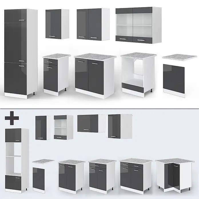 Vicco Küchenzeile R-Line, Anthrazit Hochglanz/Weiß, 300 cm -  - Modulares Küchenschrank-Set in Grau-Weiß mit Marmor-Arbeitsplatten, bestehend aus verschiedenen Aufbewahrungseinheiten.