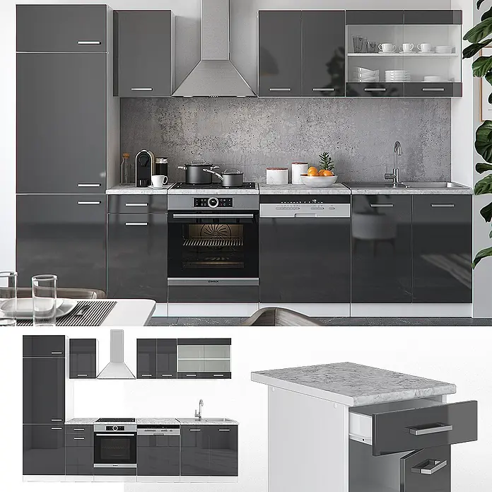 Vicco Küchenzeile R-Line, Anthrazit Hochglanz/Weiß, 300 cm -  - Moderne hochglänzende dunkelgraue Küchenschränke mit integriertem Backofen, Geschirrspüler, Spüle und Dunstabzugshaube.