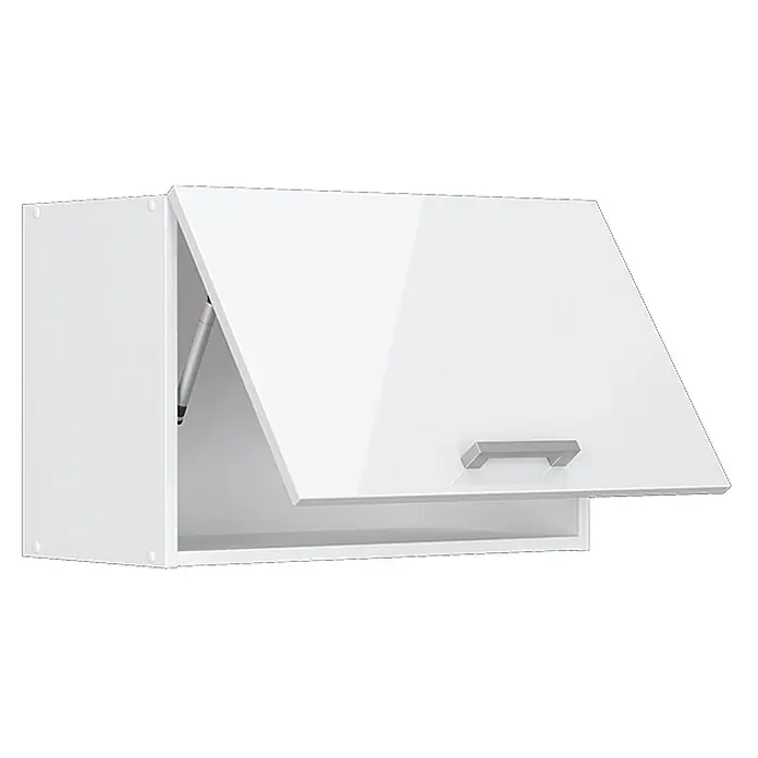 Vicco Schrankküche R-Line Weiß Hochglanz Flach - Weiß Hochglanz, Hängeschrank 60 cm (flach) - Weißer glänzender Hängeschrank mit nach oben öffnender Tür, Gasdruckfeder und silbernem Griff.
