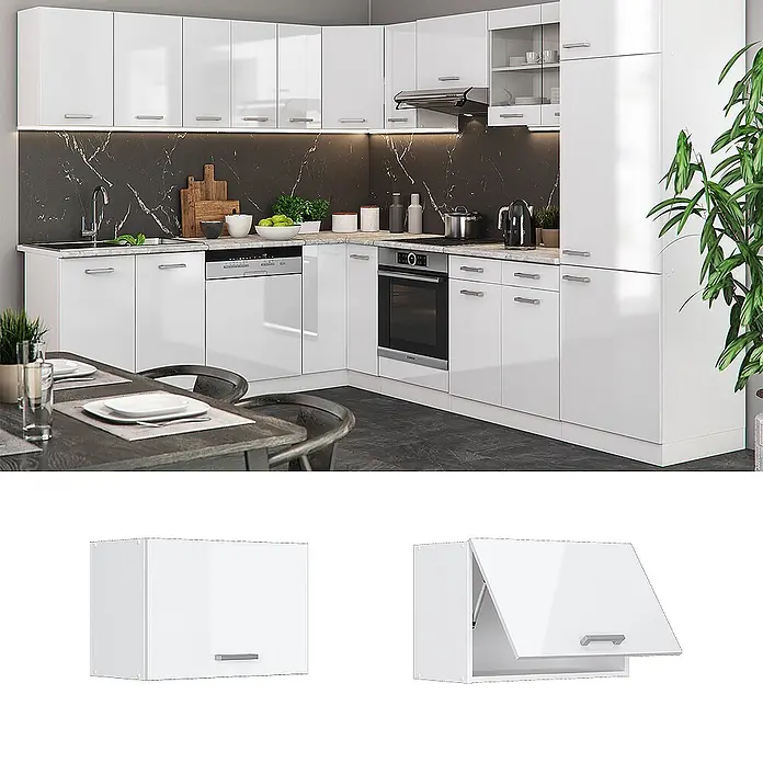 Vicco Schrankküche R-Line Weiß Hochglanz Flach - Weiß Hochglanz, Hängeschrank 60 cm (flach) - Weiße Hochglanz-Küchenzeile mit Unter- und Oberschränken, inklusive integrierter Geräte.