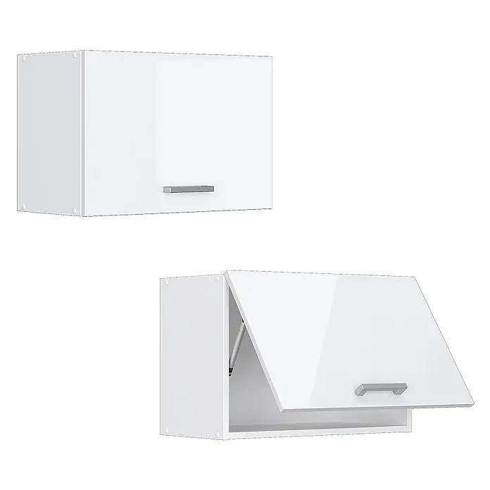 Vicco Schrankküche R-Line Weiß Hochglanz Flach - Weiß Hochglanz, Hängeschrank 60 cm (flach) - Weißer, glänzender Küchenhängeschrank mit silbernem Griff, geschlossen und mit geöffneter Tür, die eine Gasdruckfeder zeigt.
