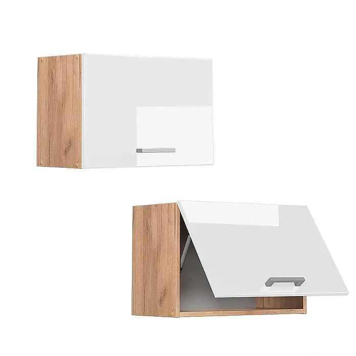 Vicco Schrankküche R-Line Weiß Hochglanz Flach - Weiß Hochglanz, Hängeschrank 60 cm (flach) - Zwei Hängeschränke mit Holzseiten und glänzenden weißen Fronten. Einer ist geschlossen, der andere offen und zeigt den Innenraum.