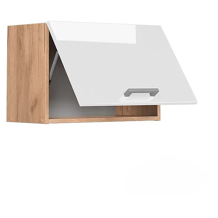 Vicco Schrankküche R-Line Weiß Hochglanz Flach - Weiß Hochglanz, Hängeschrank 60 cm (flach) - Hängeschrank mit Holzmaserung, glänzend weißer Klapptür und silbernem Griff. Mit Gasdruckfeder-Hebemechanismus.