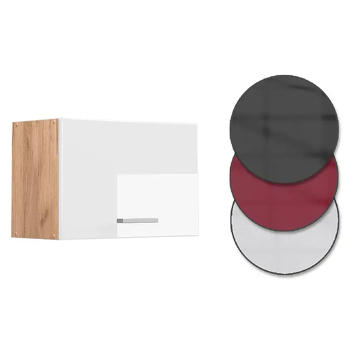 Vicco Schrankküche R-Line Weiß Hochglanz Flach - Weiß Hochglanz, Hängeschrank 60 cm (flach) - Weißer Hängeschrank mit Holzoptik-Seitenwand und Metallgriff. Enthält schwarze, rote und weiße Farbmuster.