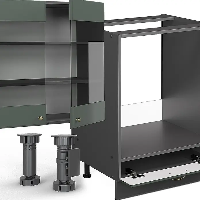 Vicco Küchenzeile Fame-Line, Grün-Gold Landhaus/Anthrazit, 300 cm -  - Modulares Küchenschranksystem mit dunkelgrauen Rahmen, dunkelgrünen Glastüren und verstellbaren grauen Füßen.