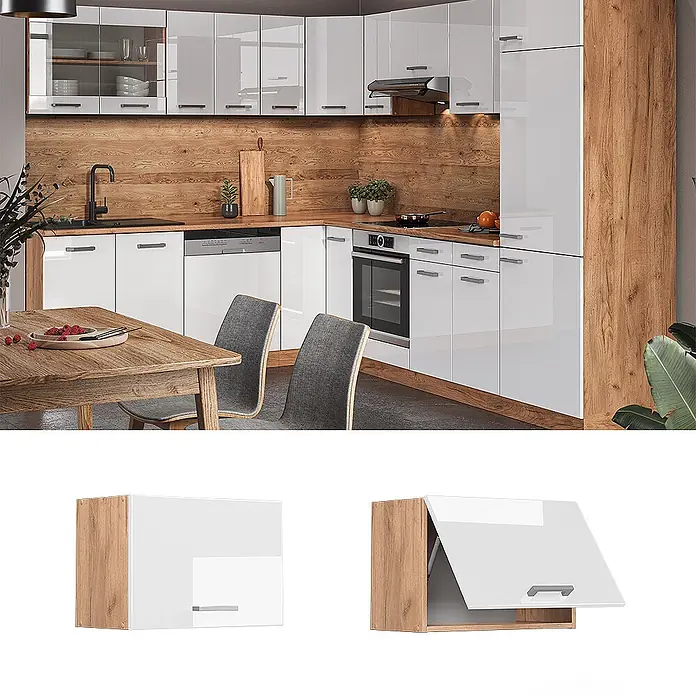 Vicco Schrankküche R-Line Weiß Hochglanz Flach - Weiß Hochglanz, Hängeschrank 60 cm (flach) - Glänzender weißer Küchenschrank mit Holzdetails und grauem Griff, integriert in ein modernes Küchendesign.