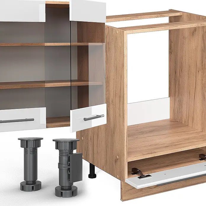 Vicco Küchenzeile Fame-Line Weiß Hochglanz/Goldkraft Eiche ohne Arbeitsplatte - Weiß Hochglanz, Ohne Elektrogeräte - Küchenschrank-Baugruppe aus hellem Holz und Weiß: Oberschrank mit Glastüren, Unterschrankgestell und verstellbaren Füßen.
