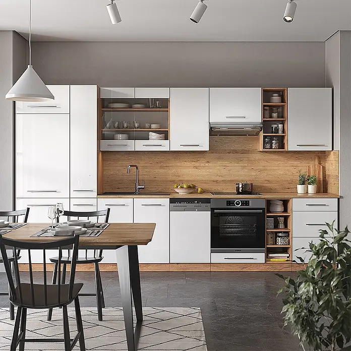 Vicco Küchenzeile Fame-Line Weiß Hochglanz/Goldkraft Eiche ohne Arbeitsplatte - Weiß Hochglanz, Ohne Elektrogeräte - Moderne Küche in Weiß und Holzoptik mit integrierten Geräten, Essbereich und Schienenbeleuchtung.