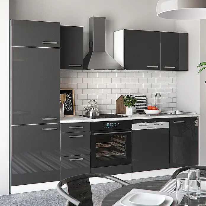 Vicco Küchenzeile Optima Anthrazit Hochglanz/Weiß ohne Arbeitsplatte - Anthrazit Hochglanz, Ohne Elektrogeräte - Moderne dunkelgraue Hochglanzküche mit integriertem Backofen, Kochfeld, Spüle und Geschirrspüler.
