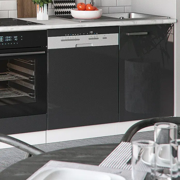 Vicco Küchenzeile Optima Anthrazit Hochglanz/Weiß ohne Arbeitsplatte - Anthrazit Hochglanz, Ohne Elektrogeräte - Dunkelgrauer integrierter Geschirrspüler neben einem schwarzen Ofen und Spüle.