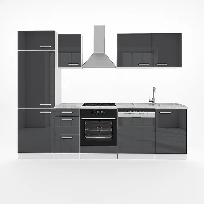 Vicco Küchenzeile Optima Anthrazit Hochglanz/Weiß ohne Arbeitsplatte - Anthrazit Hochglanz, Ohne Elektrogeräte - Moderne hochglänzende dunkelgraue Küche mit integriertem Backofen, Kochfeld, Spüle, Geschirrspüler und Dunstabzugshaube aus Edelstahl.