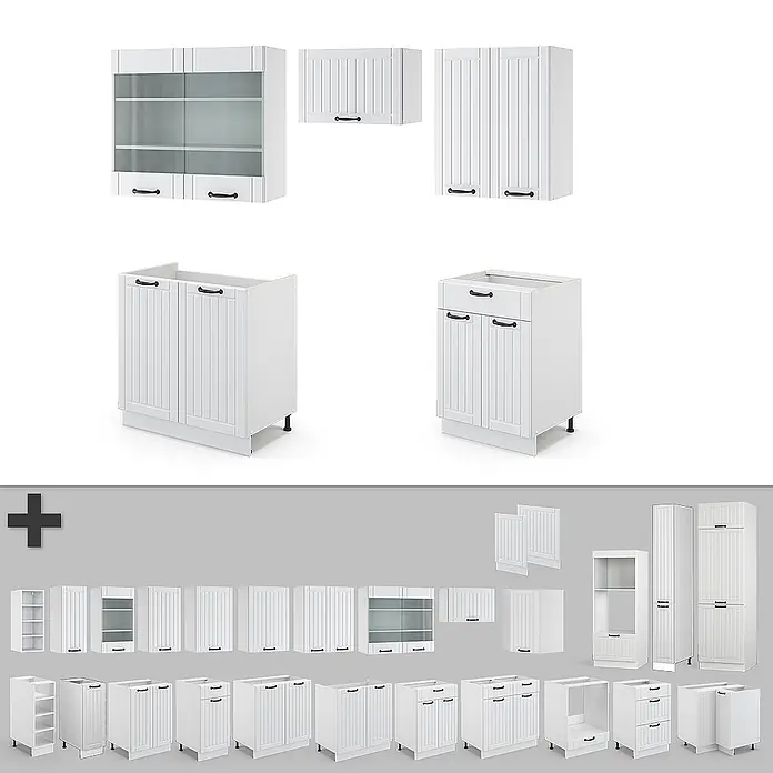 Vicco Küchenzeile Fame-Line Weiß Landhaus/Weiß, AP Eiche - Breite: 200 cm, Weiß Landhaus, Ohne Elektrogeräte - Weiße modulare Küchenschränke mit schwarzen Griffen, teilweise mit gerippten oder Glastüren.