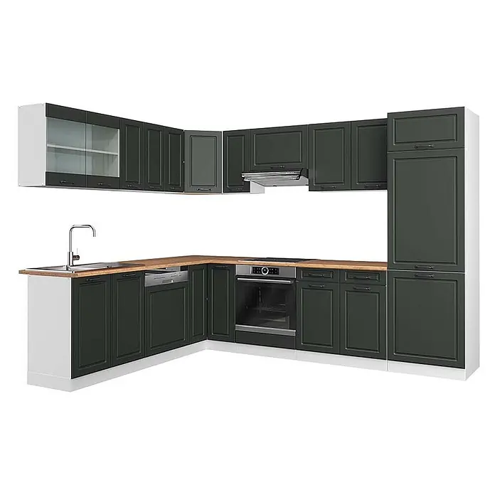 Vicco Eckküche R-Line Anthrazit Landhaus/Weiß, AP Eiche - B x T: 287 x 60 cm, Anthrazit Landhaus, Ohne Elektrogeräte - L-förmige dunkelgraue Küche mit heller Holzplatte und Edelstahlgeräten.