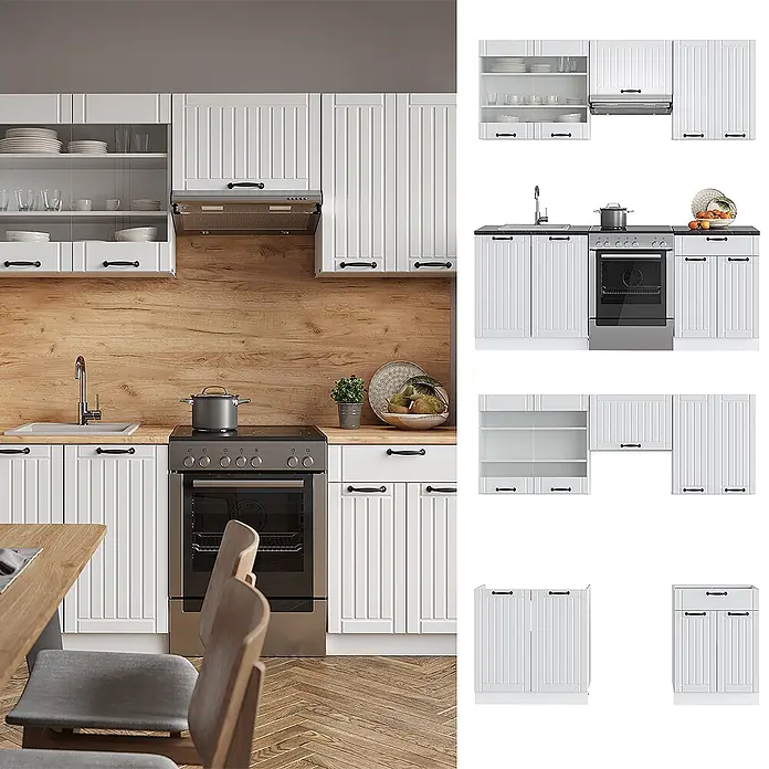 Vicco Küchenzeile Fame-Line Weiß Landhaus/Weiß, AP Anthrazit - Weiß Landhaus, Ohne Elektrogeräte - Weißes Küchenschrank-Set mit Holz-Arbeitsplatte und Rückwand, schwarzen Griffen, in einer modernen Küche.