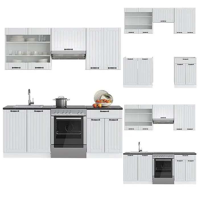 Vicco Küchenzeile Fame-Line Weiß Landhaus/Weiß, AP Anthrazit - Weiß Landhaus, Ohne Elektrogeräte - Weißes modulares Küchenschranksystem mit gerillten Türen, schwarzen Griffen und dunkler Arbeitsplatte in verschiedenen Konfigurationen.