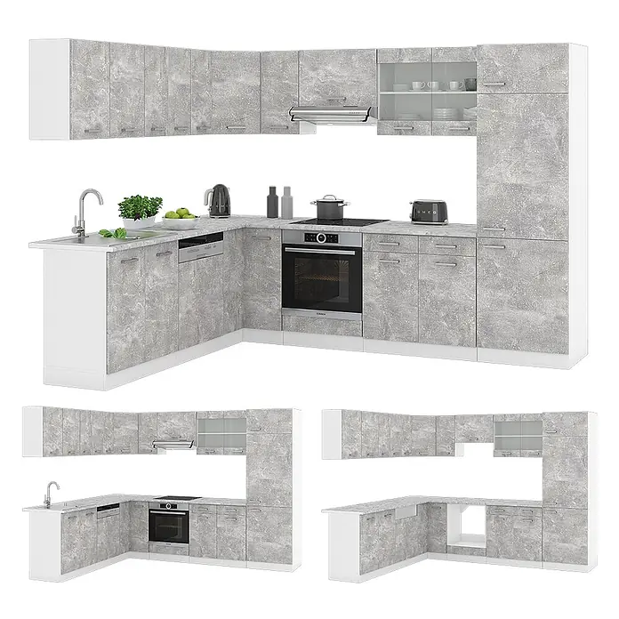 Vicco Eckküche R-Line Beton ohne Arbeitsplatte - B x T: 287 x 46 cm, Beton, Ohne Elektrogeräte - L-förmige Küche mit grauen Marmor-Effekt-Schränken und weißen Elementen, inkl. Spüle, Backofen, Kochfeld und Stauraum.