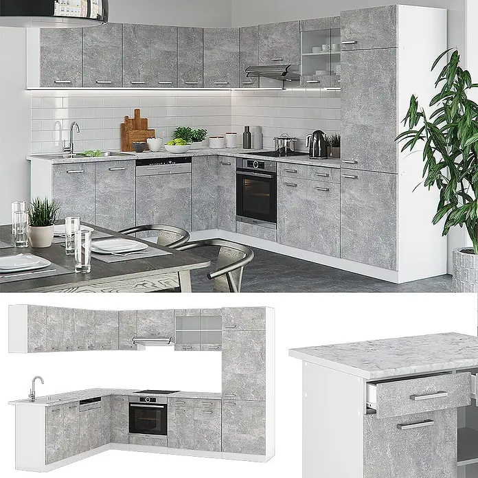 Vicco Eckküche R-Line Beton ohne Arbeitsplatte - B x T: 287 x 46 cm, Beton, Ohne Elektrogeräte - L-förmige Küchenzeile mit grauen Marmor-Effekt-Schränken, weißen Arbeitsplatten und integrierten Geräten.