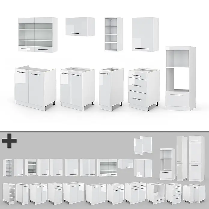 Vicco Küchenzeile Fame-Line Weiß Hochglanz/Weiß, AP Eiche - Breite: 280 cm, Weiß Hochglanz, Ohne Elektrogeräte - Set modularer weißer Küchenschränke, inklusive Wand- und Unterschränken mit Türen, Schubladen und offenen Regalen.