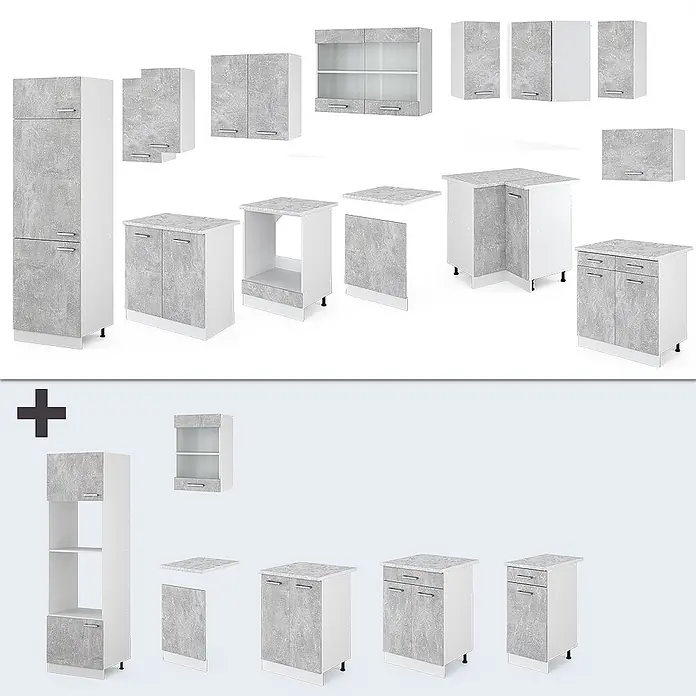 Vicco Eckküche R-Line Beton ohne Arbeitsplatte - B x T: 287 x 46 cm, Beton, Ohne Elektrogeräte - Modulare Küchenschränke: weiße Korpusse mit grauen Marmoreffekt-Türen und Schubladen, inkl. Hoch-, Unter- und Oberschränken.