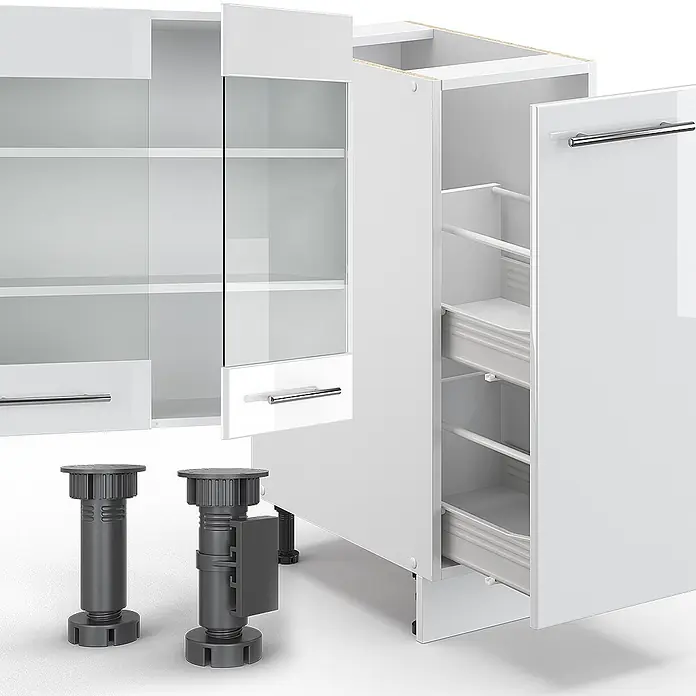 Vicco Küchenzeile Fame-Line Weiß Hochglanz/Weiß, AP Eiche - Weiß Hochglanz, Ohne Elektrogeräte - Modulare weiße Küchenschrankkomponenten mit Glastüren, Auszugsschränken und verstellbaren Füßen, bereit zur Montage.