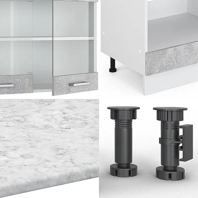 Vicco Eckküche R-Line Beton ohne Arbeitsplatte - B x T: 287 x 46 cm, Beton, Ohne Elektrogeräte - Modulare weiße und graue Schrankkomponenten, eine marmorierte Arbeitsplatte und verstellbare dunkelgraue Sockelfüße.