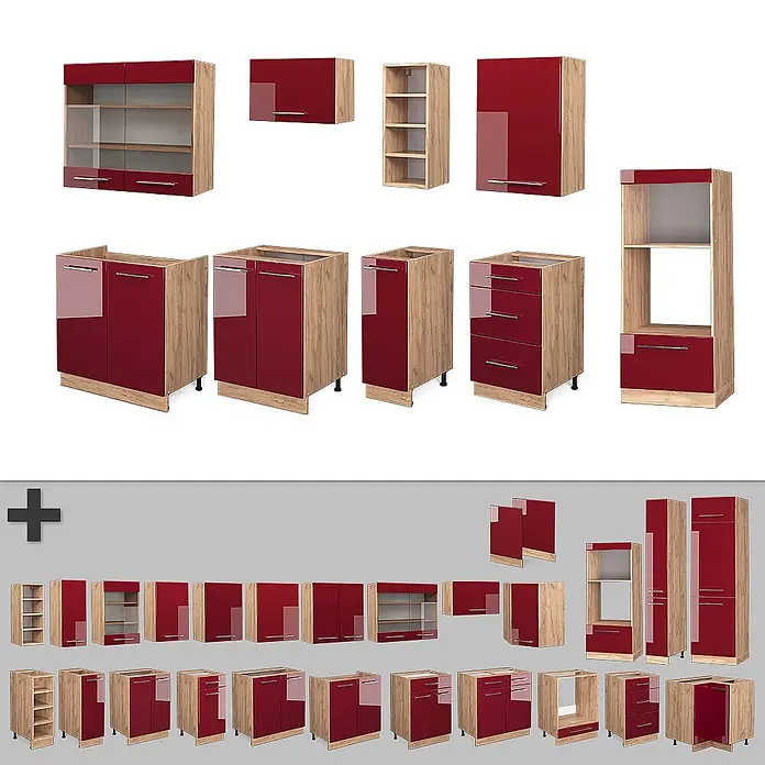 Vicco Küchenzeile Fame-Line Bordeaux Hochglanz/Goldkraft Eiche, AP Eiche - Breite: 280 cm, Bordeaux Hochglanz, Ohne Elektrogeräte - Modulare Küchenschränke mit Holzoptik-Korpus und glänzenden dunkelroten Türen/Schubladen.