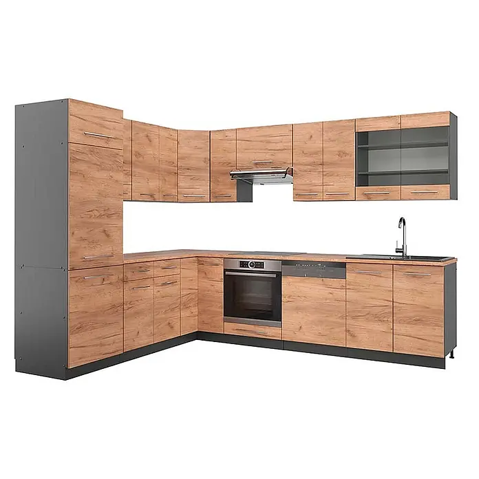 Vicco Eckküche Fame-Line Goldkraft Eiche/Anthrazit, AP Eiche - B x T: 287 x 60 cm, Goldkraft Eiche, Ohne Elektrogeräte - Moderne L-förmige Küchenzeile mit hellen Holzmaserungsschränken, hellbraunen Arbeitsplatten und integriertem Backofen, Kochfeld, Spüle, Geschirrspüler.