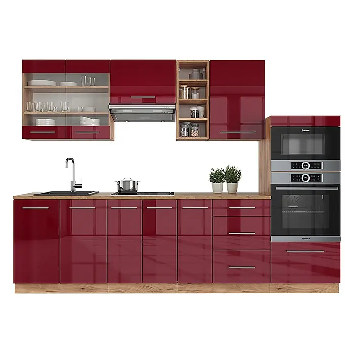 Vicco Küchenzeile Fame-Line Bordeaux Hochglanz/Goldkraft Eiche ohne Arbeitsplatte - Bordeaux Hochglanz, Ohne Elektrogeräte - Moderne Einbauküche mit hochglanzroten Schränken und hellen Holzdetails, inklusive Backofen, Mikrowelle, Kochfeld und Spüle.