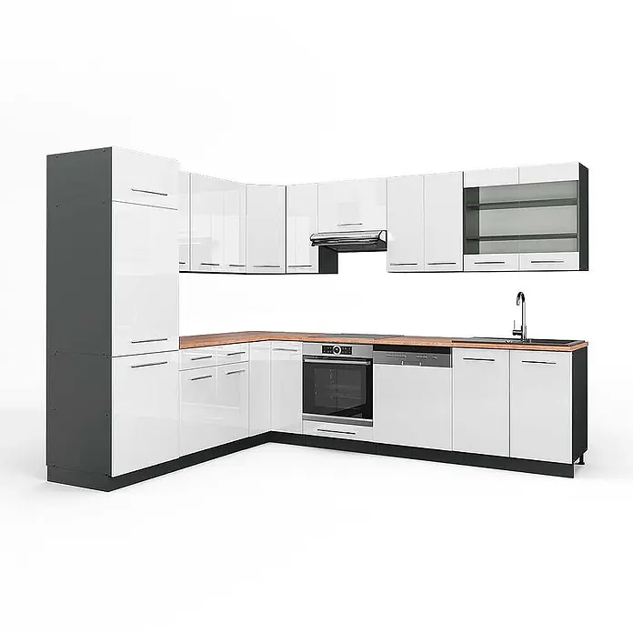 Vicco Eckküche Fame-Line Weiß Hochglanz/Anthrazit, AP Eiche - B x T: 287 x 60 cm, Weiß Hochglanz, Ohne Elektrogeräte - L-förmige Modulküche mit weißen Hochglanzschränken, dunkelgrauen Elementen und Holzplatte, inklusive integrierter Geräte.