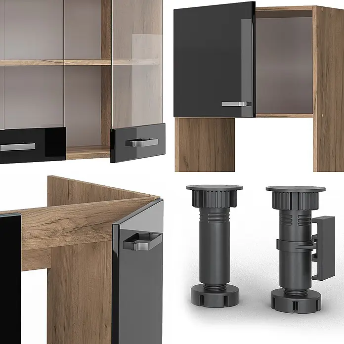 Vicco Eckküche R-Line Schwarz Hochglanz/Goldkraft Eiche, AP Anthrazit - B x T: 247 x 60 cm, Schwarz Hochglanz, Ohne Elektrogeräte - Modulare Holzschränke mit schwarzen Hochglanzfronten und Glastüren, dazu verstellbare dunkelgraue Kunststoff-Möbelfüße.