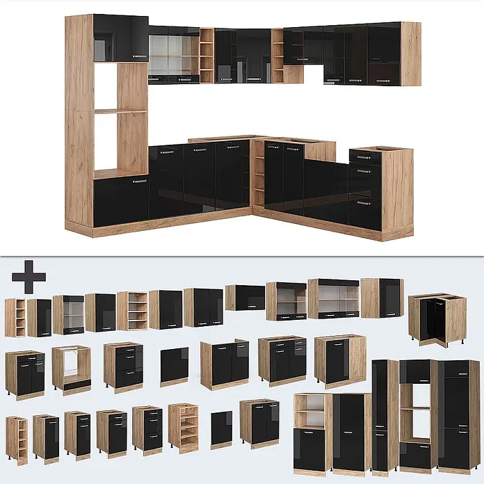 Vicco Eckküche R-Line Schwarz Hochglanz/Goldkraft Eiche, AP Anthrazit - B x T: 247 x 60 cm, Schwarz Hochglanz, Ohne Elektrogeräte - Modulare Küchenmöbel in Holzoptik und schwarzem Hochglanz, als Set und Einzelmodule gezeigt.