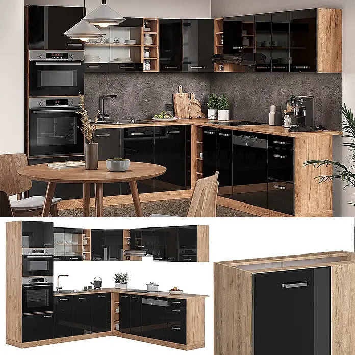 Vicco Eckküche R-Line Schwarz Hochglanz/Goldkraft Eiche, AP Anthrazit - B x T: 247 x 60 cm, Schwarz Hochglanz, Ohne Elektrogeräte - Moderne L-förmige Küche mit schwarzen Hochglanzschränken, Eicheneffekt-Arbeitsplatten und integrierten Geräten.