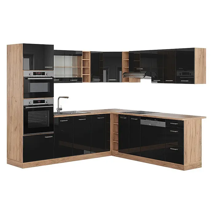 Vicco Eckküche R-Line Schwarz Hochglanz/Goldkraft Eiche ohne Arbeitsplatte - Schwarz Hochglanz, Ohne Elektrogeräte - L-förmige Küchenzeile mit hochglänzenden schwarzen Schränken, hellen Holzelementen und integrierten Geräten.