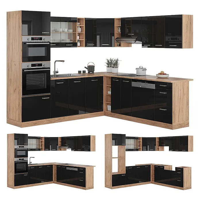 Vicco Eckküche R-Line Schwarz Hochglanz/Goldkraft Eiche, AP Anthrazit - B x T: 247 x 60 cm, Schwarz Hochglanz, Ohne Elektrogeräte - Moderne L-förmige Küche mit schwarzen Hochglanzfronten und hellen Holzpaneelen, inklusive integrierten Backöfen, Spüle, Kochfeld und Geschirrspüler.