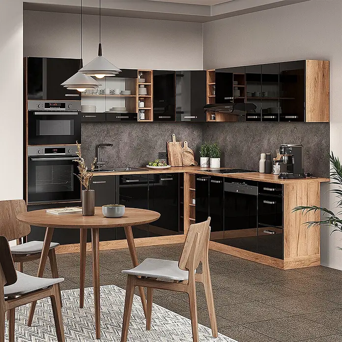 Vicco Eckküche R-Line Schwarz Hochglanz/Goldkraft Eiche, AP Anthrazit - B x T: 247 x 60 cm, Schwarz Hochglanz, Ohne Elektrogeräte - Moderne L-förmige Küche mit glänzend schwarzen Schränken, hellen Holz-Arbeitsplatten und offenen Regalen, inklusive integrierter Geräte und Esstisch.