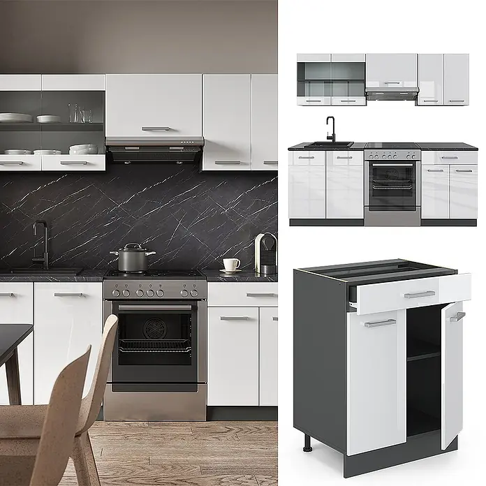 Vicco Küchenzeile R-Line Weiß Hochglanz/Anthrazit, AP Eiche - Breite: 200 cm, Weiß Hochglanz, Ohne Elektrogeräte - Moderne modulare Küche mit hochglänzenden weißen Schranktüren, schwarzer Arbeitsplatte, Spüle und Backofen. Oben- und Unterschränke.
