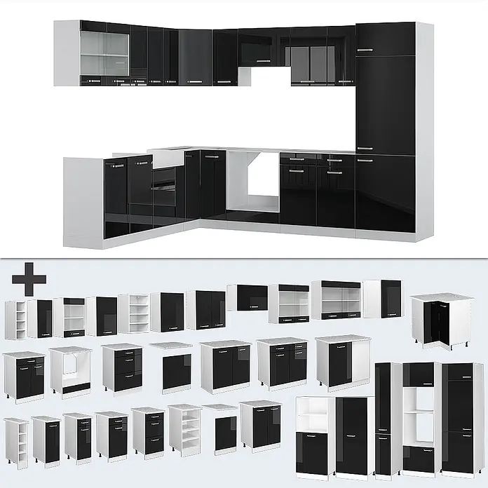 Vicco Eckküche R-Line Schwarz Hochglanz/Weiß ohne Arbeitsplatte - B x T: 287 x 46 cm, Schwarz Hochglanz, Ohne Elektrogeräte - Modulare Küche in Schwarz-Weiß, montiert und als Einzelmodule, für flexible Küchengestaltung.