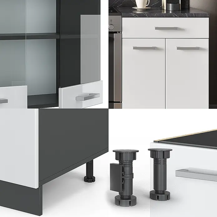 Vicco Küchenzeile R-Line Weiß Hochglanz/Anthrazit, AP Eiche - Breite: 200 cm, Weiß Hochglanz, Ohne Elektrogeräte - Modulare Küchenschränke in Weiß und Dunkelgrau mit Glastür, Schublade und verstellbaren schwarzen Möbelfüßen.