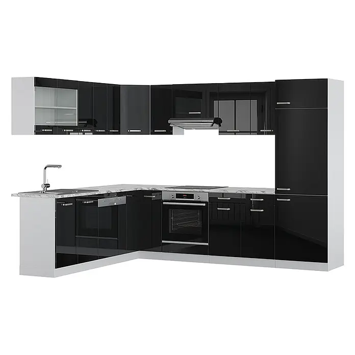 Vicco Eckküche R-Line Schwarz Hochglanz, AP Marmor - B x T: 287 x 60 cm, Schwarz Hochglanz, Ohne Elektrogeräte - L-förmige Küche in Schwarz Hochglanz mit weißer Marmoroptik-Arbeitsplatte, integrierten Geräten wie Ofen und Spüle.