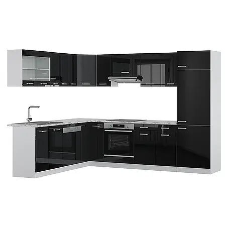 Vicco  Eckküche R-Line Schwarz Hochglanz, AP Marmor